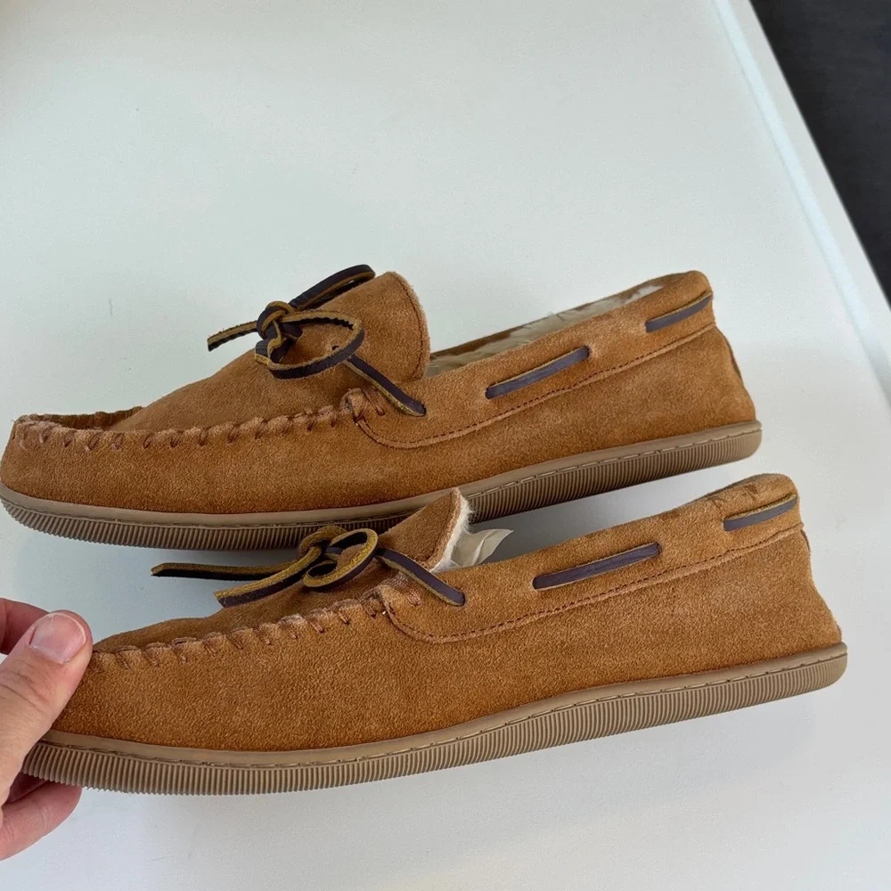 J.Crew Tan Leather Slippers Moccasin Faux Fur‎ Lined Size 10 Men  Cozy